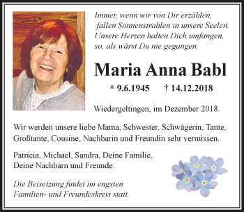 Traueranzeige von Maria Anna Babl von Allgäuer Zeitung