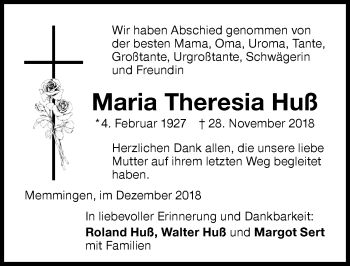 Traueranzeige von Maria Theresia Huß von Memminger Zeitung