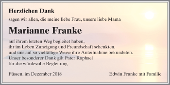 Traueranzeige von Marianne Franke von Allgäuer Zeitung, Füssen