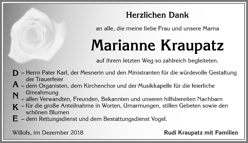  Traueranzeige für Marianne Kraupatz vom 01.12.2018 aus Allgäuer Zeitung