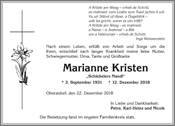 Traueranzeige von Marianne Kristen von Allgäuer Anzeigeblatt