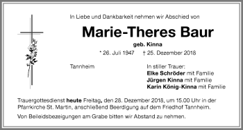 Traueranzeige von Marie-Theres Baur von Memminger Zeitung