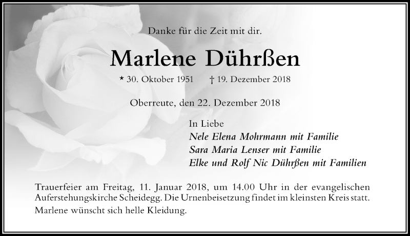  Traueranzeige für Marlene Dührßen vom 22.12.2018 aus Der Westallgäuer