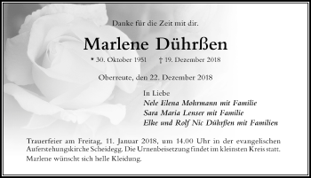 Traueranzeige von Marlene Dührßen von Der Westallgäuer