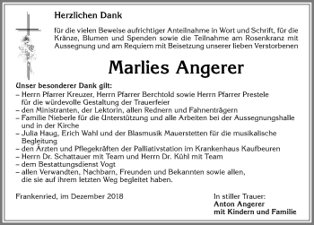 Traueranzeige von Marlies Angerer von Allgäuer Zeitung, Kaufbeuren/Buchloe