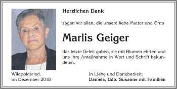 Traueranzeige von Marlis Geiger von Allgäuer Zeitung,Kempten