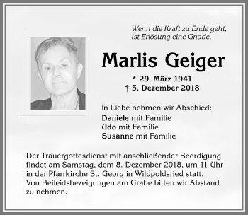 Traueranzeige von Marlis Geiger von Allgäuer Zeitung,Kempten