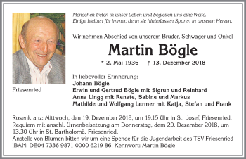 Traueranzeige von Martin Bögle von Allgäuer Zeitung, Kaufbeuren/Buchloe
