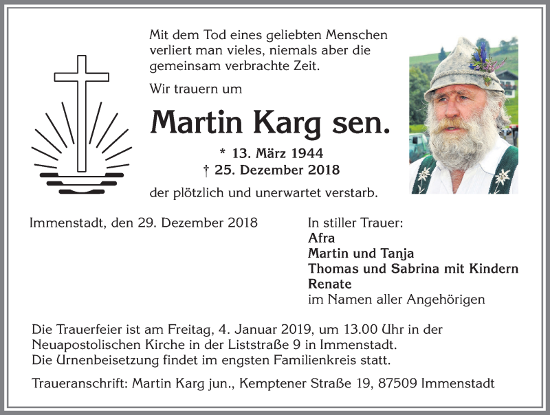  Traueranzeige für Martin Karg vom 29.12.2018 aus Allgäuer Zeitung
