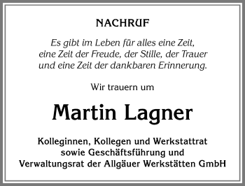 Traueranzeige von Martin Lagner von Allgäuer Zeitung