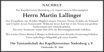 Traueranzeige von Martin Lallinger von Der Westallgäuer
