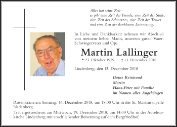 Traueranzeige von Martin Lallinger von Der Westallgäuer