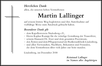 Traueranzeige von Martin Lallinger von Der Westallgäuer