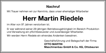 Traueranzeige von Martin Riedele von Memminger Zeitung