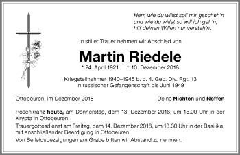 Traueranzeige von Martin Riedele von Memminger Zeitung