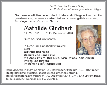 Traueranzeige von Mathilde Gindhart von Allgäuer Zeitung