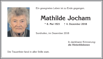 Traueranzeige von Mathilde Jocham von Allgäuer Anzeigeblatt