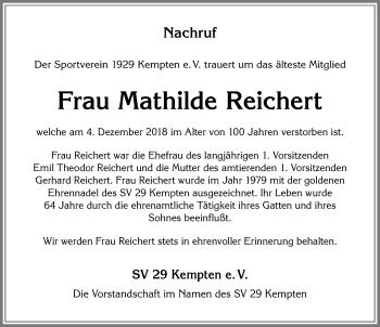Traueranzeige von Mathilde Reichert von Allgäuer Zeitung,Kempten