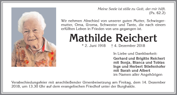 Traueranzeige von Mathilde Reichert von Allgäuer Zeitung,Kempten