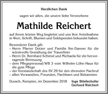Traueranzeige von Mathilde Reichert von Allgäuer Zeitung,Kempten