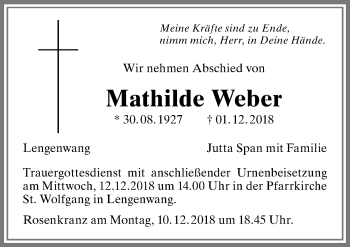 Traueranzeige von Mathilde Weber von Allgäuer Zeitung, Marktoberdorf