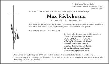 Traueranzeige von Max Riebelmann von Der Westallgäuer