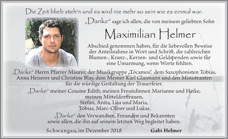  Traueranzeige für Maximilian Helmer vom 12.12.2018 aus Allgäuer Zeitung, Füssen