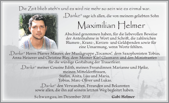 Traueranzeige von Maximilian Helmer von Allgäuer Zeitung, Füssen
