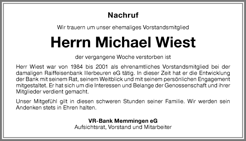  Traueranzeige für Michael Wiest vom 01.12.2018 aus Memminger Zeitung