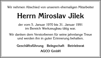 Traueranzeige von Miroslav Jilek von Allgäuer Zeitung, Marktoberdorf