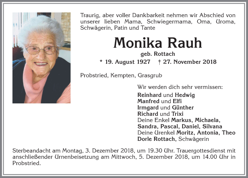  Traueranzeige für Monika Rauh vom 01.12.2018 aus Allgäuer Zeitung,Kempten