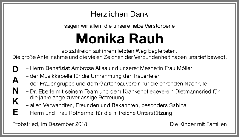  Traueranzeige für Monika Rauh vom 18.12.2018 aus Allgäuer Zeitung,Kempten