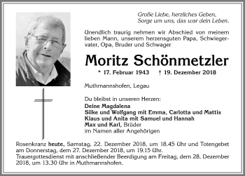 Traueranzeige von Moritz Schönmetzler von Allgäuer Zeitung,Kempten