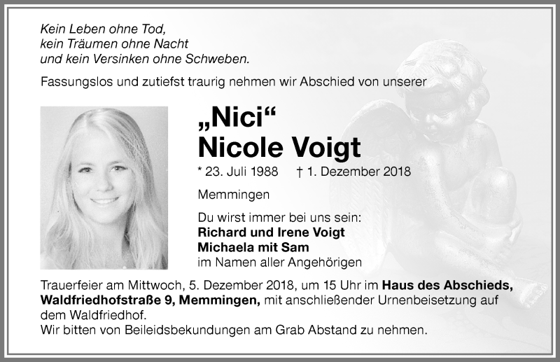  Traueranzeige für Nicole Voigt vom 04.12.2018 aus Memminger Zeitung