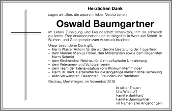 Traueranzeige von Oswald Baumgartner von Memminger Zeitung
