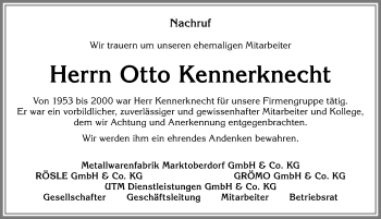 Traueranzeige von Otto Kennerknecht von Allgäuer Zeitung, Marktoberdorf