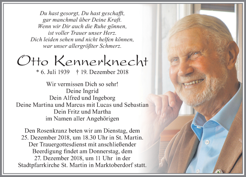  Traueranzeige für Otto Kennerknecht vom 22.12.2018 aus Allgäuer Zeitung, Marktoberdorf