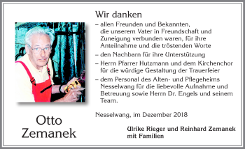 Traueranzeige von Otto Zemanek von Allgäuer Zeitung, Füssen