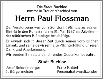 Traueranzeige von Paul Flossman von Allgäuer Zeitung, Kaufbeuren/Buchloe