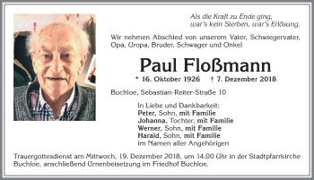 Traueranzeige von Paul Floßmann von Allgäuer Zeitung, Kaufbeuren/Buchloe