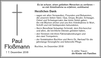 Traueranzeige von Paul Floßmann von Allgäuer Zeitung, Kaufbeuren/Buchloe