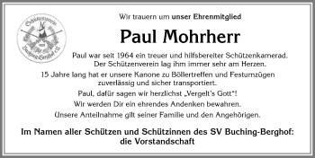 Traueranzeige von Paul Mohrherr von Allgäuer Zeitung, Füssen