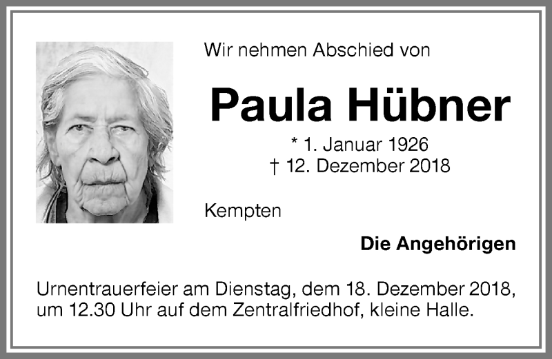  Traueranzeige für Paula Hübner vom 15.12.2018 aus Allgäuer Zeitung,Kempten