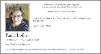 Traueranzeige von Paula Lofner von Allgäuer Zeitung