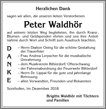 Traueranzeige von Peter Waldhör von Allgäuer Anzeigeblatt