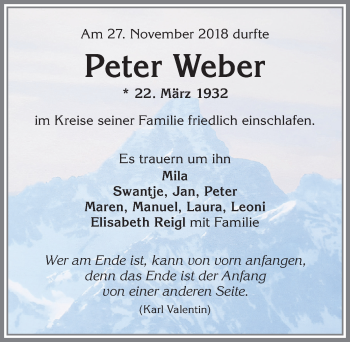 Traueranzeige von Peter Weber von Allgäuer Zeitung