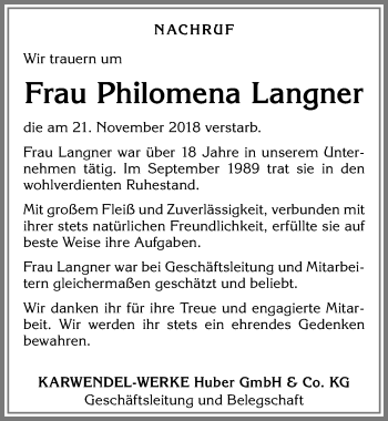 Traueranzeige von Philomena Langner von Allgäuer Zeitung, Kaufbeuren/Buchloe