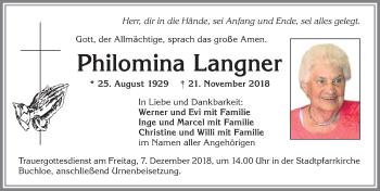 Traueranzeige von Philomina Langner von Allgäuer Zeitung, Kaufbeuren/Buchloe