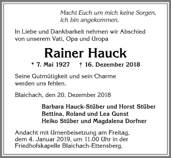 Traueranzeige von Rainer Hauck von Allgäuer Anzeigeblatt