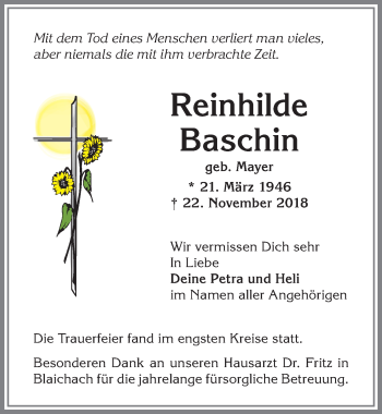 Traueranzeige von Reinhilde Baschin von Allgäuer Anzeigeblatt